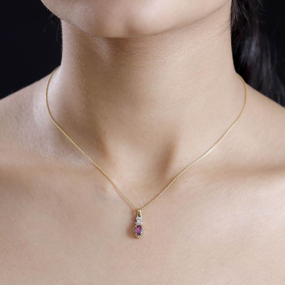 AAA Radiant Ember Garnet and Diamond 0.70 ctw Victorian Halo Pendant Necklace in 18K Vermeil Yellow Gold Over Sterling Silver 20 Inches image number 2