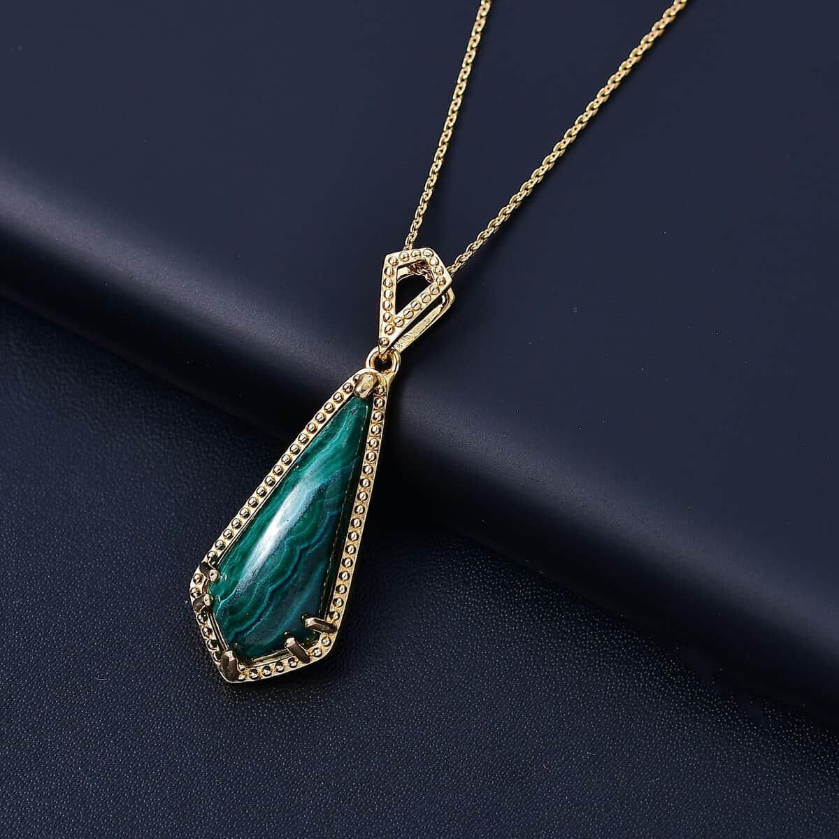 African Malachite 10.50 ctw Kite Shape Pendant in 18K Vermeil Yellow Gold Over Sterling Silver with ION Plated YG Stainless Steel Necklace 20 Inches image number 1