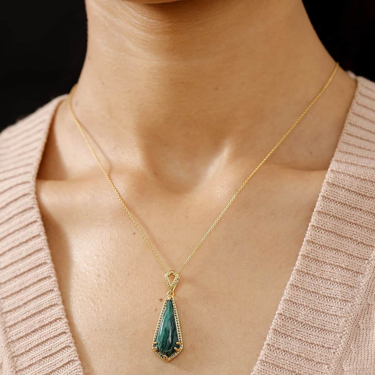 African Malachite 10.50 ctw Kite Shape Pendant in 18K Vermeil Yellow Gold Over Sterling Silver with ION Plated YG Stainless Steel Necklace 20 Inches image number 2