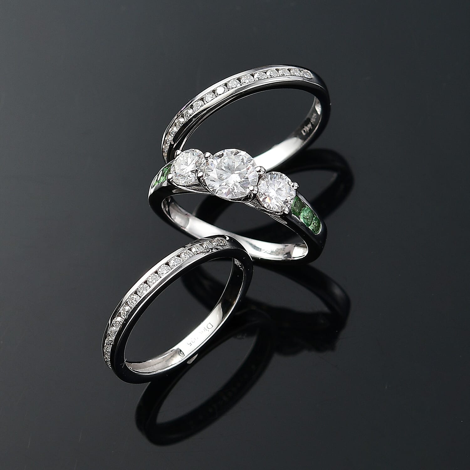 Set of 3 - Moissanite and Tsavorite Garnet 2.20 ctw Stackable Ring in Rhodium Over Sterling Silver (Size 5.0) 