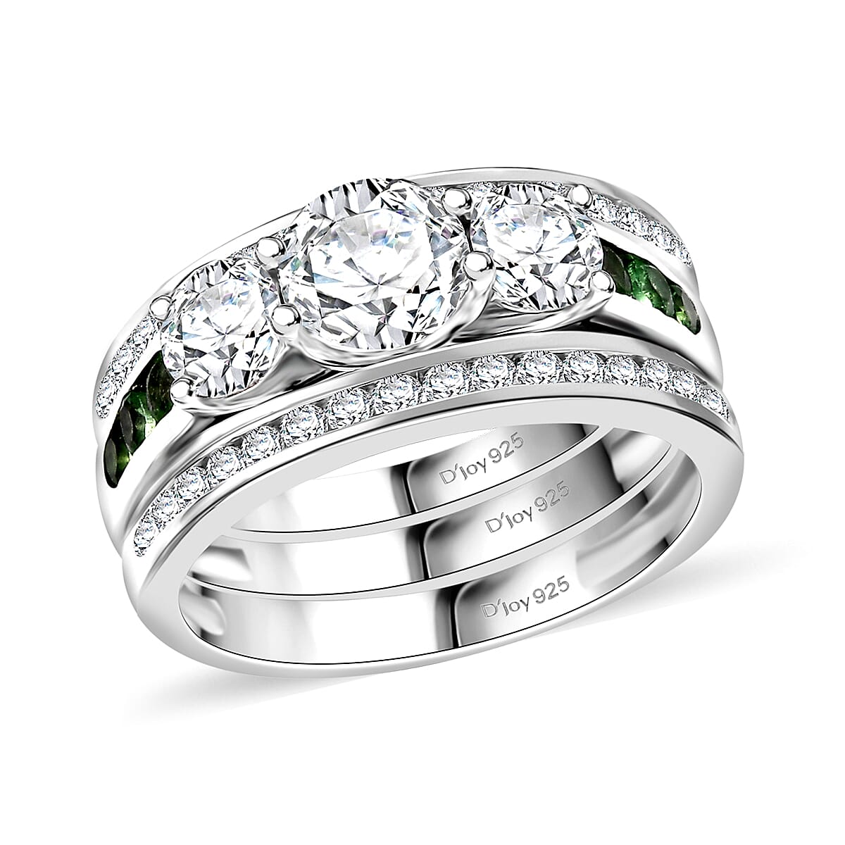 Set of 3 - Moissanite and Tsavorite Garnet 2.20 ctw Stackable Ring in Rhodium Over Sterling Silver (Size 5.0) 