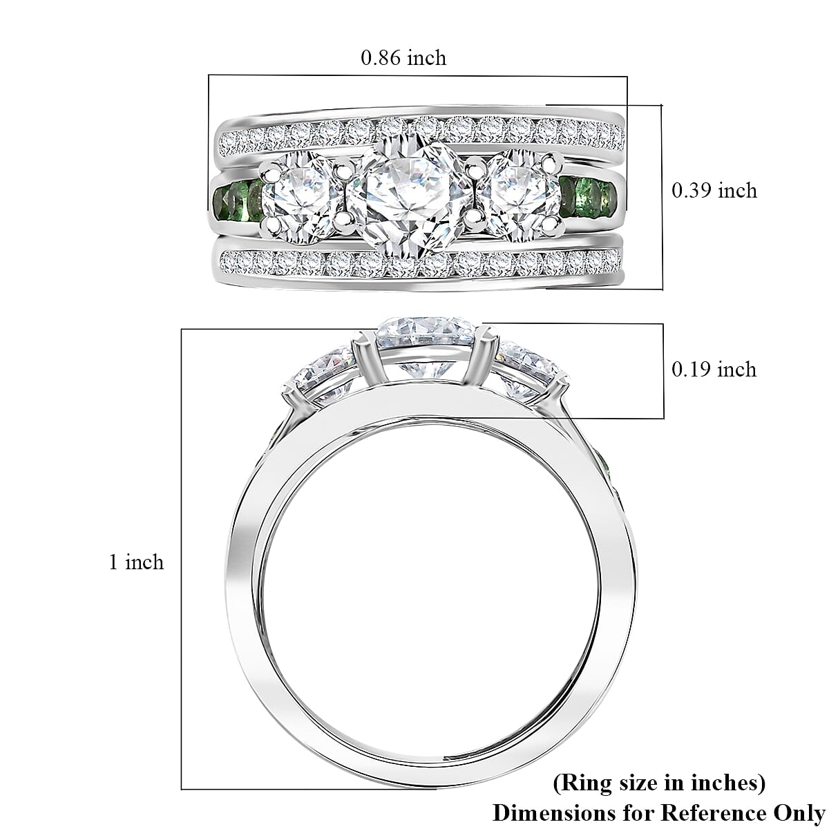 Set of 3 - Moissanite and Tsavorite Garnet 2.20 ctw Stackable Ring in Rhodium Over Sterling Silver (Size 5.0) 