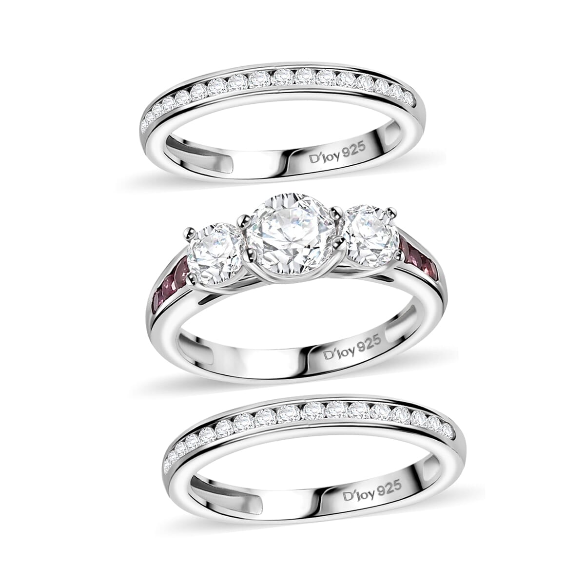 Set of 3 - Moissanite and Ouro Fino Rubellite 2.35 ctw Stackable Ring in Rhodium Over Sterling Silver (Size 5)  image number 0