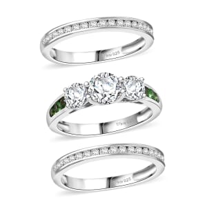 Set of 3 Moissanite and Tsavorite Garnet 2.10 ctw Ring (Size 6.0) in Rhodium Over Sterling Silver