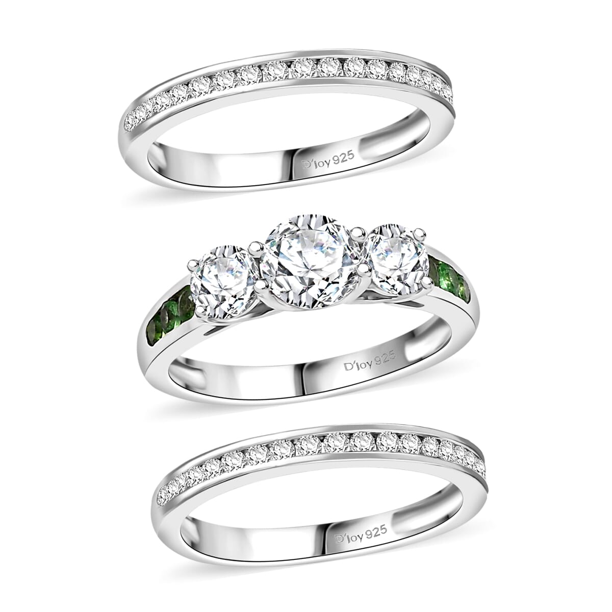 Set of 3 - Moissanite and Tsavorite Garnet 2.20 ctw Stackable Ring in Rhodium Over Sterling Silver (Size 10.0)  image number 0