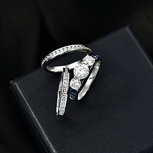 Set of 3 - Moissanite and Blue Sapphire 2.35 ctw Stackable Ring in Rhodium Over Sterling Silver (Size 8)