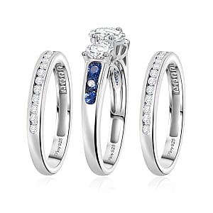Set of 3 - Moissanite and Blue Sapphire 2.35 ctw Stackable Ring in Rhodium Over Sterling Silver (Size 8)
