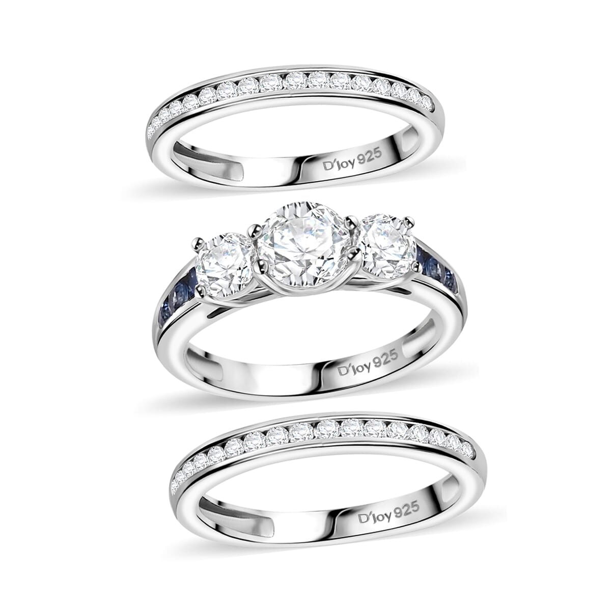 Set of 3 - Moissanite and Blue Sapphire 2.35 ctw Stackable Ring in Rhodium Over Sterling Silver (Size 9) image number 0