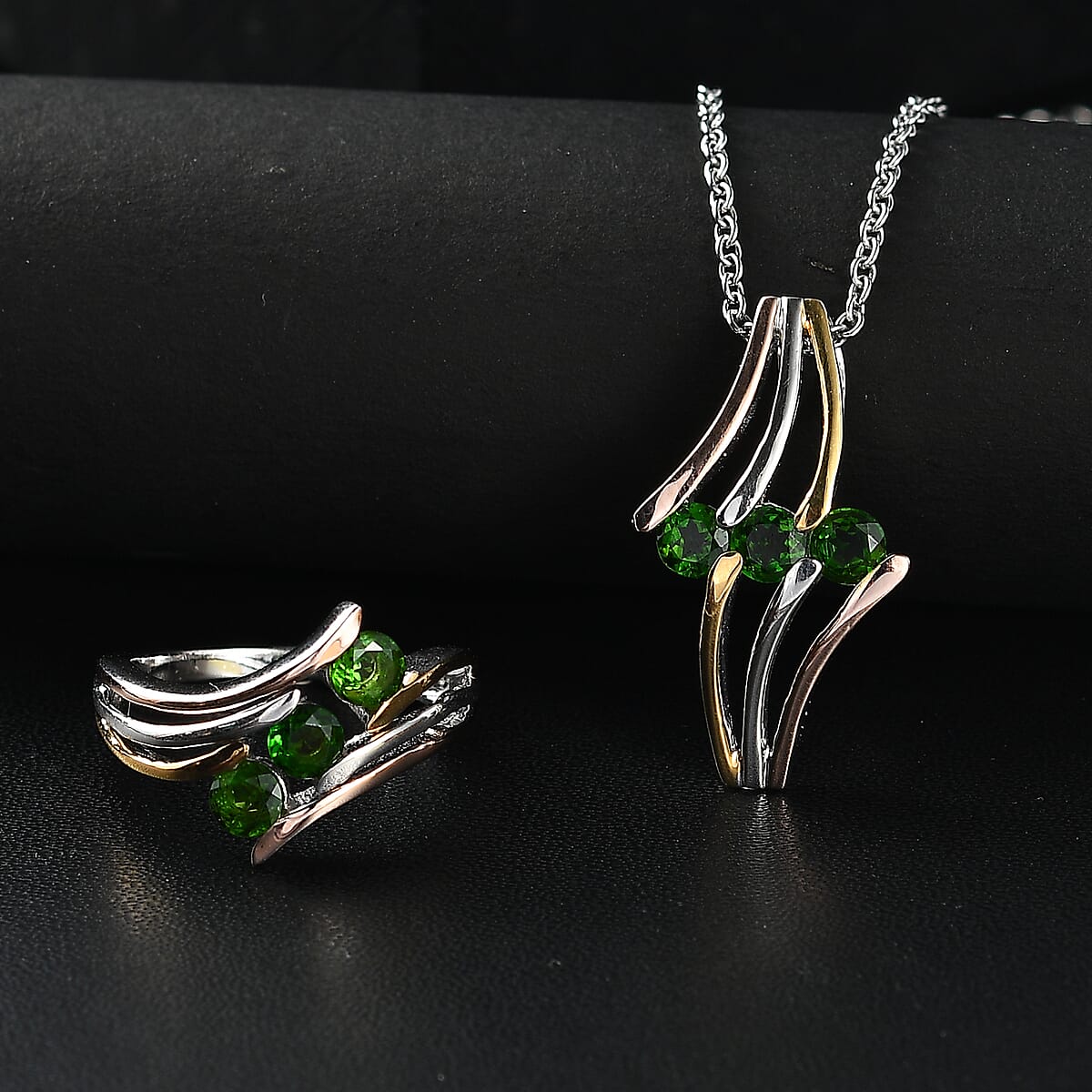 Chrome Diopside 1.80 ctw 3 Stone Ring (Size 5.00) and Pendant in Vermeil YRG & Rhodium Over Sterling Silver with Stainless Steel Chain 20 Inches image number 1