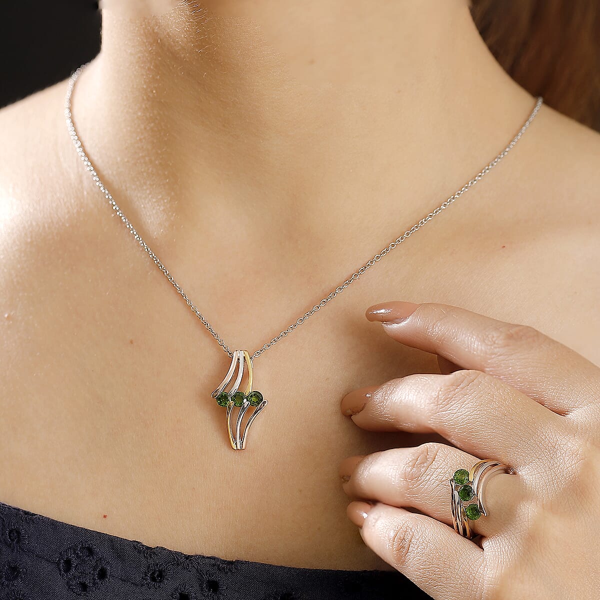 Chrome Diopside 1.80 ctw 3 Stone Ring (Size 5.00) and Pendant in Vermeil YRG & Rhodium Over Sterling Silver with Stainless Steel Chain 20 Inches image number 2