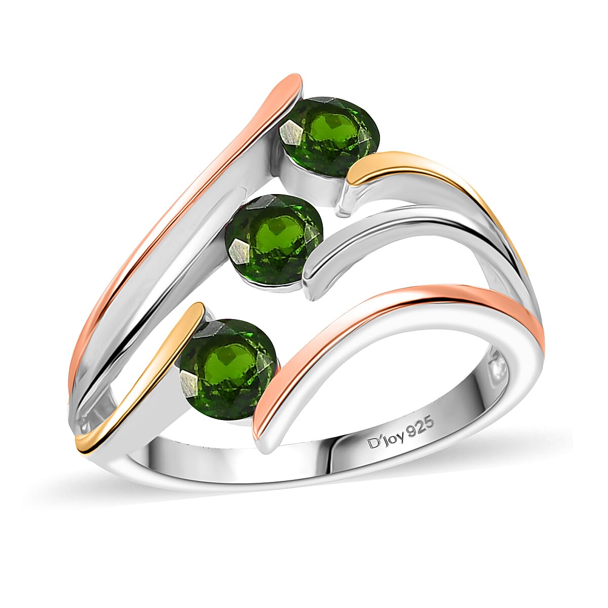 Chrome Diopside 1.80 ctw 3 Stone Ring (Size 5.00) and Pendant in Vermeil YRG & Rhodium Over Sterling Silver with Stainless Steel Chain 20 Inches image number 3