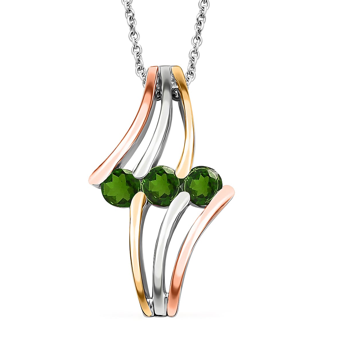Chrome Diopside 1.80 ctw 3 Stone Ring (Size 5.00) and Pendant in Vermeil YRG & Rhodium Over Sterling Silver with Stainless Steel Chain 20 Inches image number 6