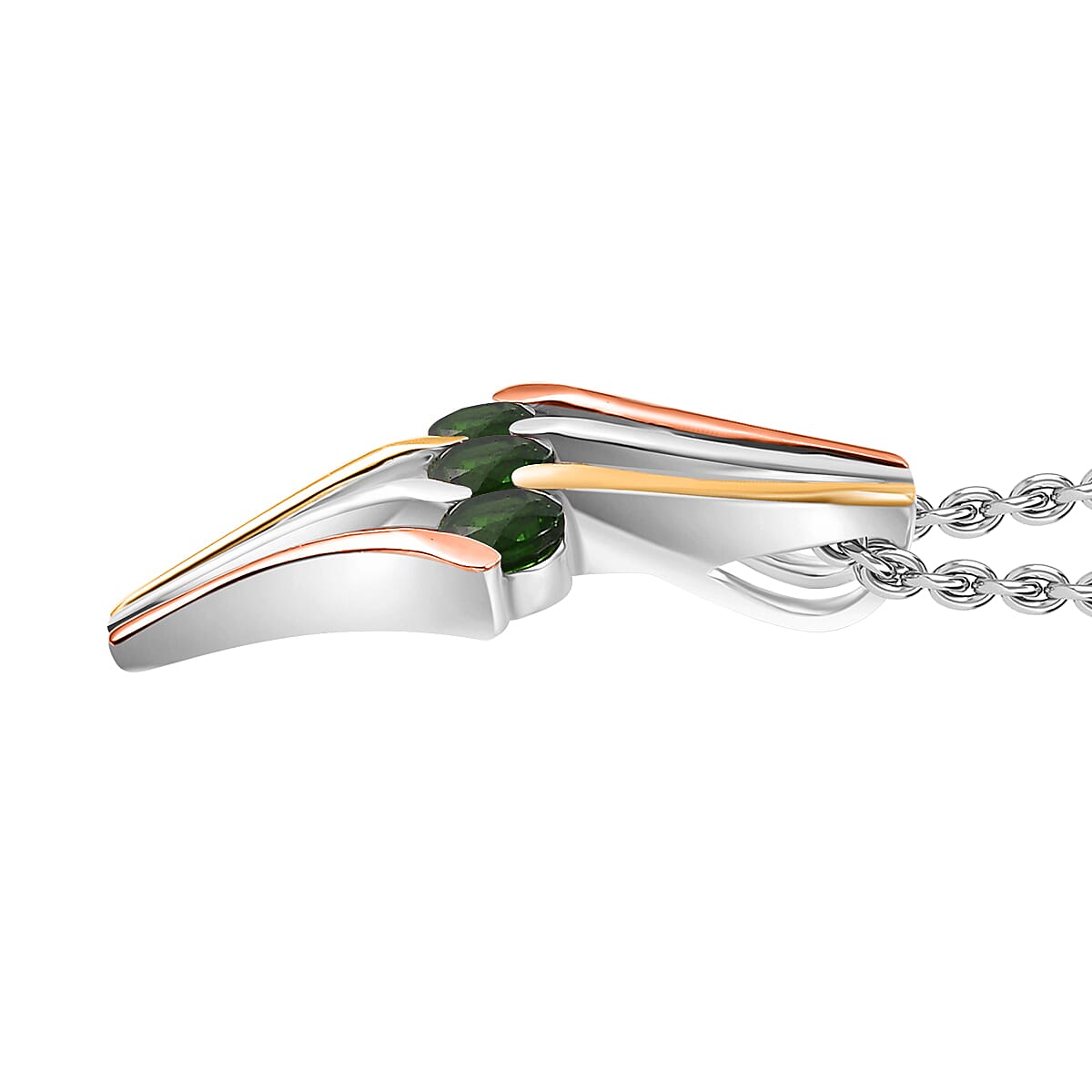 Chrome Diopside 1.80 ctw 3 Stone Ring (Size 5.00) and Pendant in Vermeil YRG & Rhodium Over Sterling Silver with Stainless Steel Chain 20 Inches image number 7