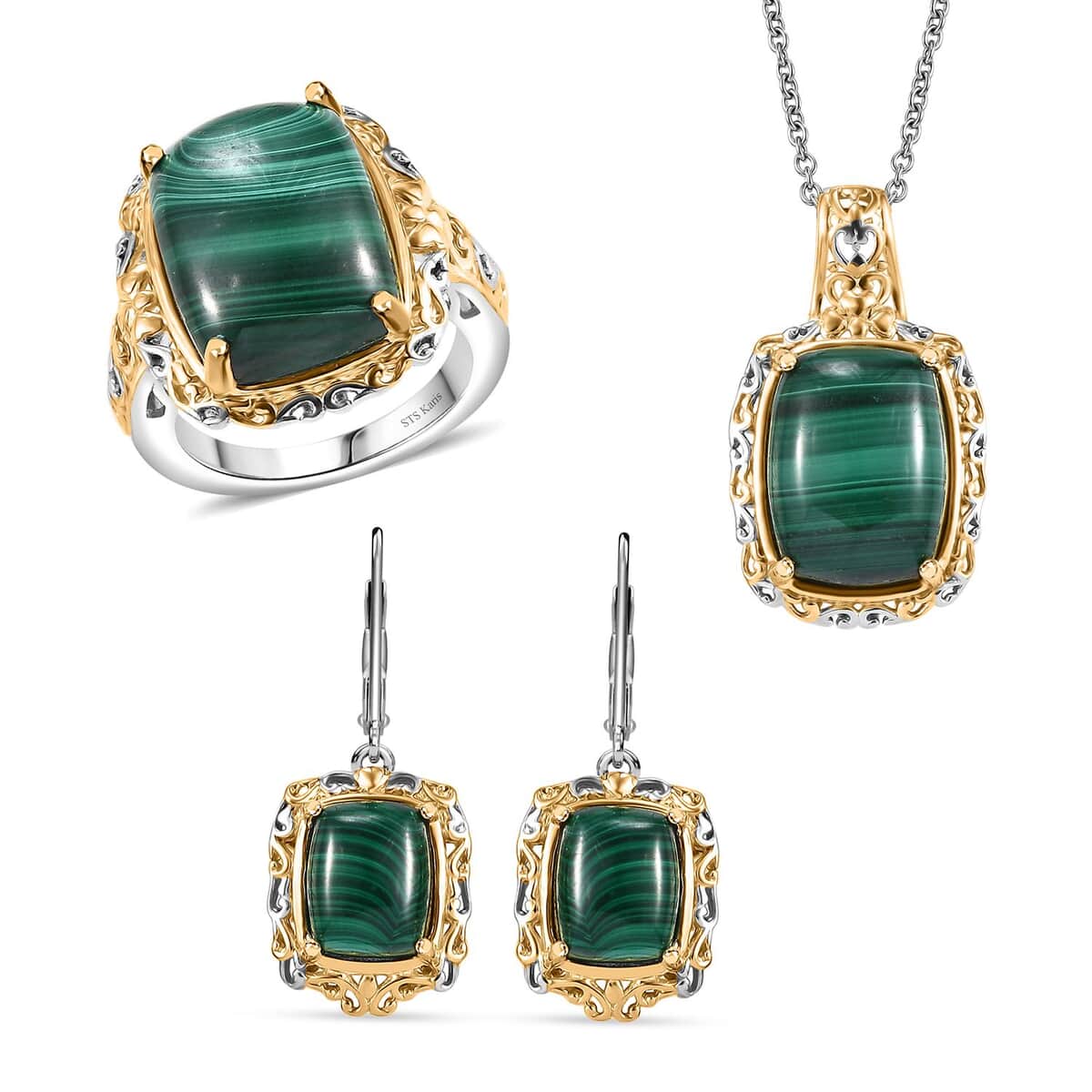 Karis African Malachite 34.45 ctw Earrings, Ring (Size 5.0) and Pendant in 18K YG Plated and Platinum Bond with Stainless Steel Necklace 20 Inches image number 0