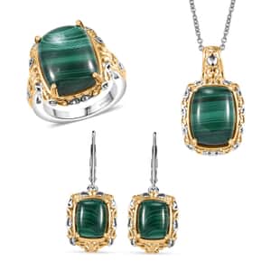 Karis African Malachite 34.45 ctw Earrings, Ring (Size 5.0) and Pendant in 18K YG Plated and Platinum Bond with Stainless Steel Necklace 20 Inches