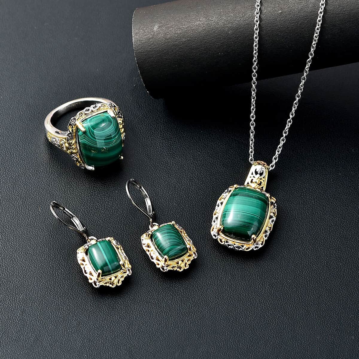 Karis African Malachite 34.45 ctw Earrings, Ring (Size 5.0) and Pendant in 18K YG Plated and Platinum Bond with Stainless Steel Necklace 20 Inches image number 1