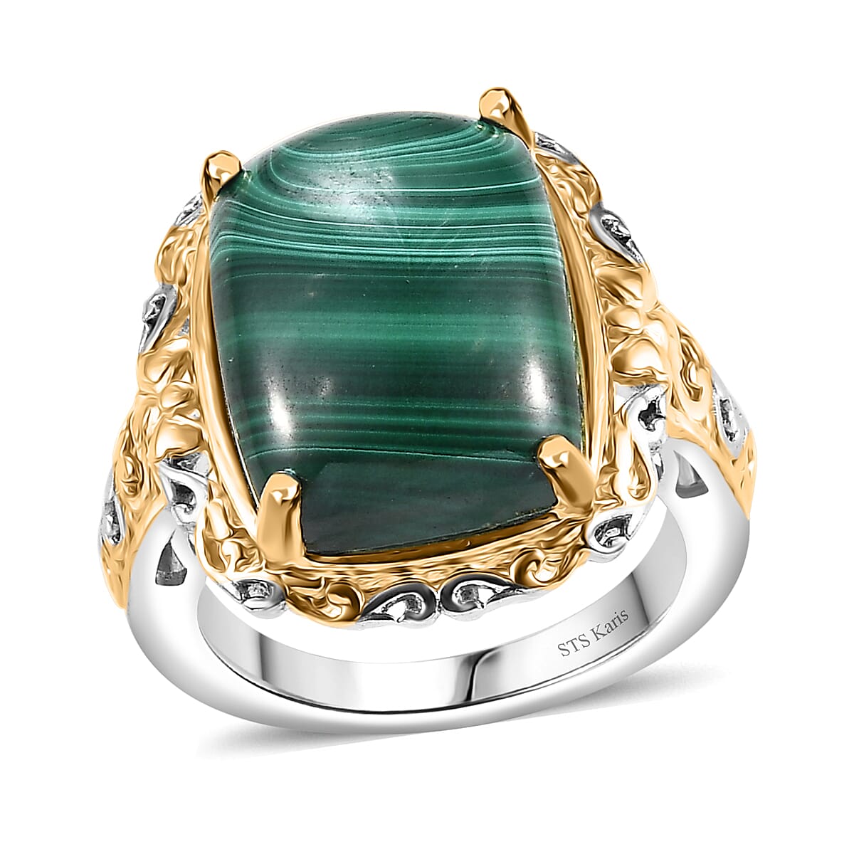 Karis African Malachite 34.45 ctw Earrings, Ring (Size 5.0) and Pendant in 18K YG Plated and Platinum Bond with Stainless Steel Necklace 20 Inches