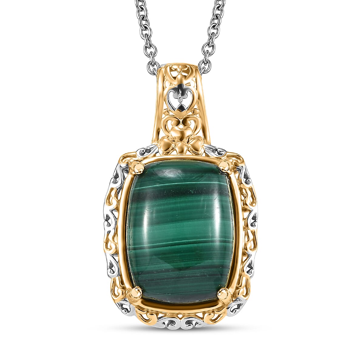 Karis African Malachite 34.45 ctw Earrings, Ring (Size 5.0) and Pendant in 18K YG Plated and Platinum Bond with Stainless Steel Necklace 20 Inches