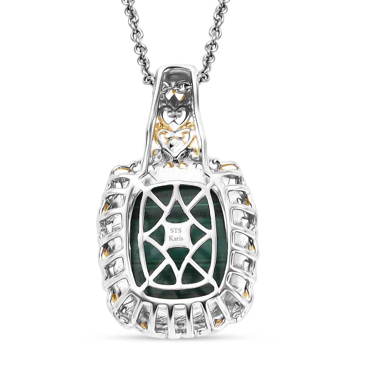 Karis African Malachite 34.45 ctw Earrings, Ring (Size 5.0) and Pendant in 18K YG Plated and Platinum Bond with Stainless Steel Necklace 20 Inches