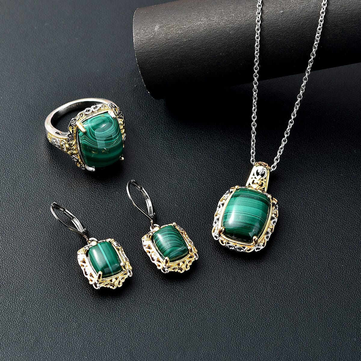 Karis African Malachite 34.45 ctw Earrings, Ring (Size 7.0) and Pendant in 18K YG Plated and Platinum Bond with Stainless Steel Necklace 20 Inches image number 1