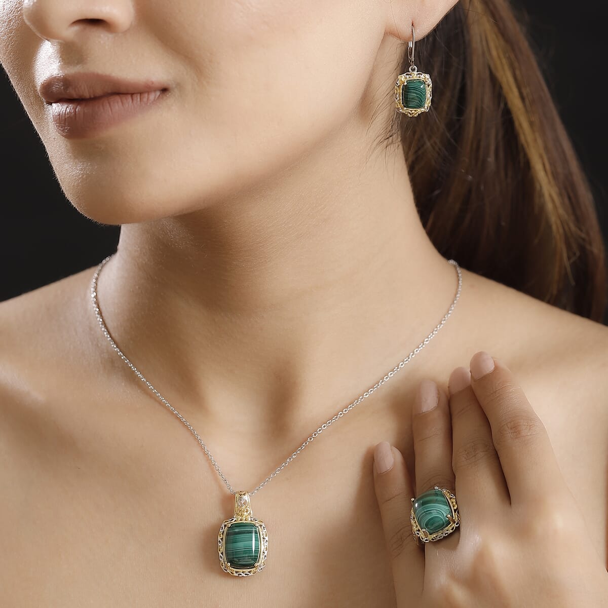 Karis African Malachite 34.45 ctw Earrings, Ring (Size 7.0) and Pendant in 18K YG Plated and Platinum Bond with Stainless Steel Necklace 20 Inches image number 3