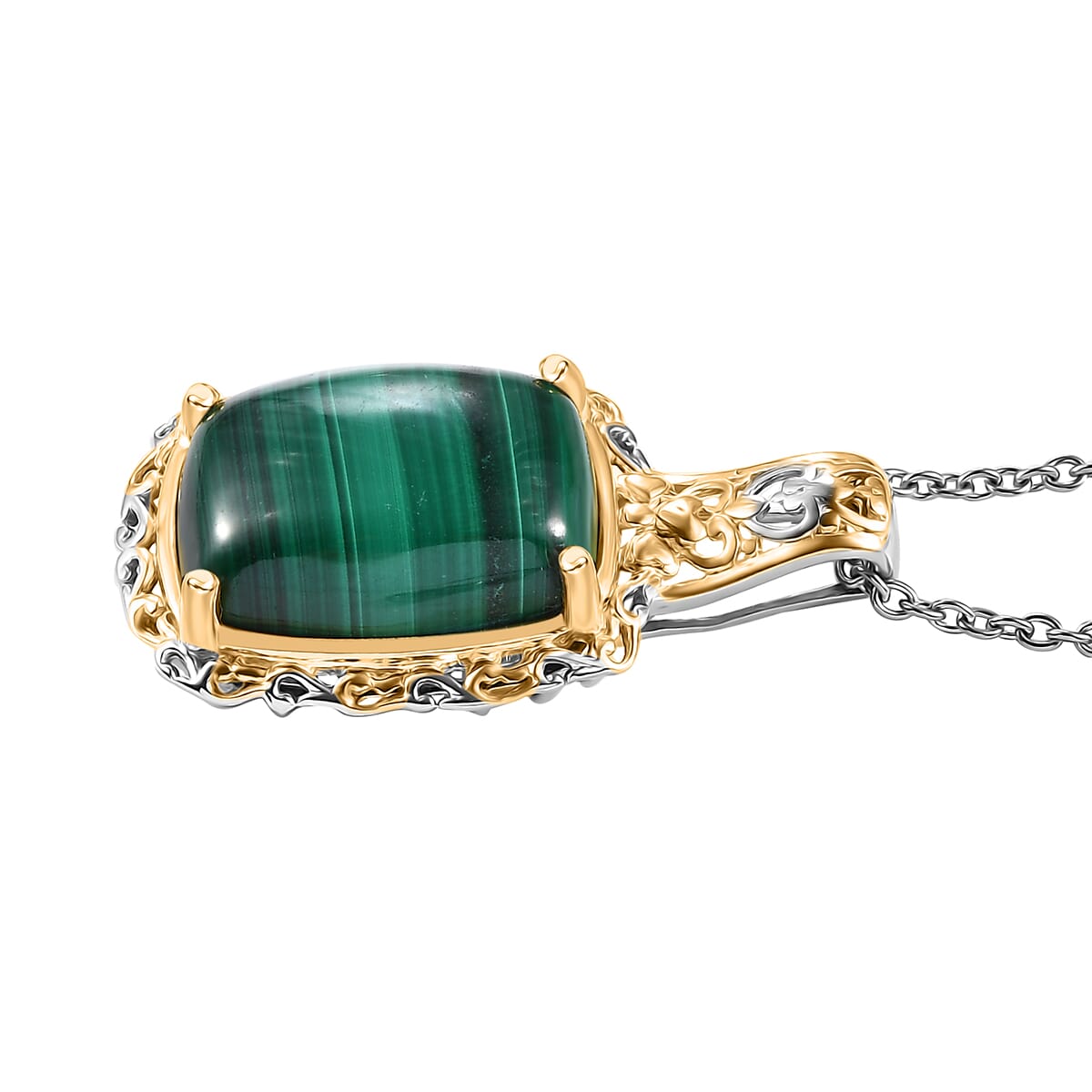 Karis African Malachite 34.45 ctw Earrings, Ring (Size 7.0) and Pendant in 18K YG Plated and Platinum Bond with Stainless Steel Necklace 20 Inches image number 8