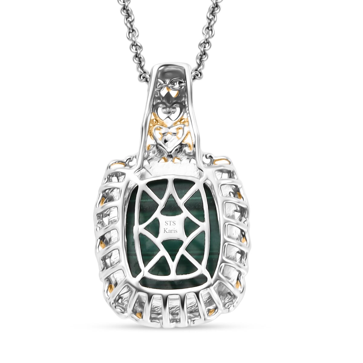 Karis African Malachite 34.45 ctw Earrings, Ring (Size 7.0) and Pendant in 18K YG Plated and Platinum Bond with Stainless Steel Necklace 20 Inches image number 9
