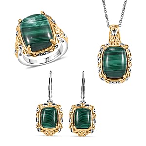 Karis African Malachite 34.45 ctw Earrings, Ring (Size 8.0) and Pendant in 18K YG Plated and Platinum Bond with Stainless Steel Necklace 20 Inches
