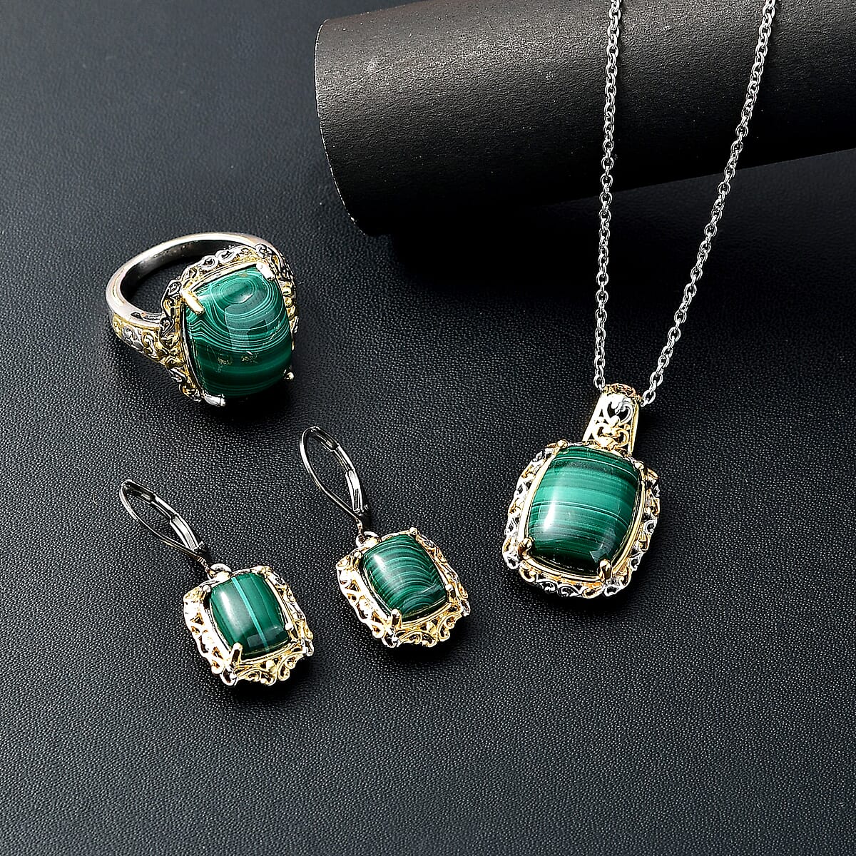 Karis African Malachite 34.45 ctw Earrings, Ring (Size 8.0) and Pendant in 18K YG Plated and Platinum Bond with Stainless Steel Necklace 20 Inches image number 1
