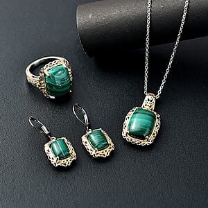 Karis African Malachite 34.45 ctw Earrings, Ring (Size 8.0) and Pendant in 18K YG Plated and Platinum Bond with Stainless Steel Necklace 20 Inches