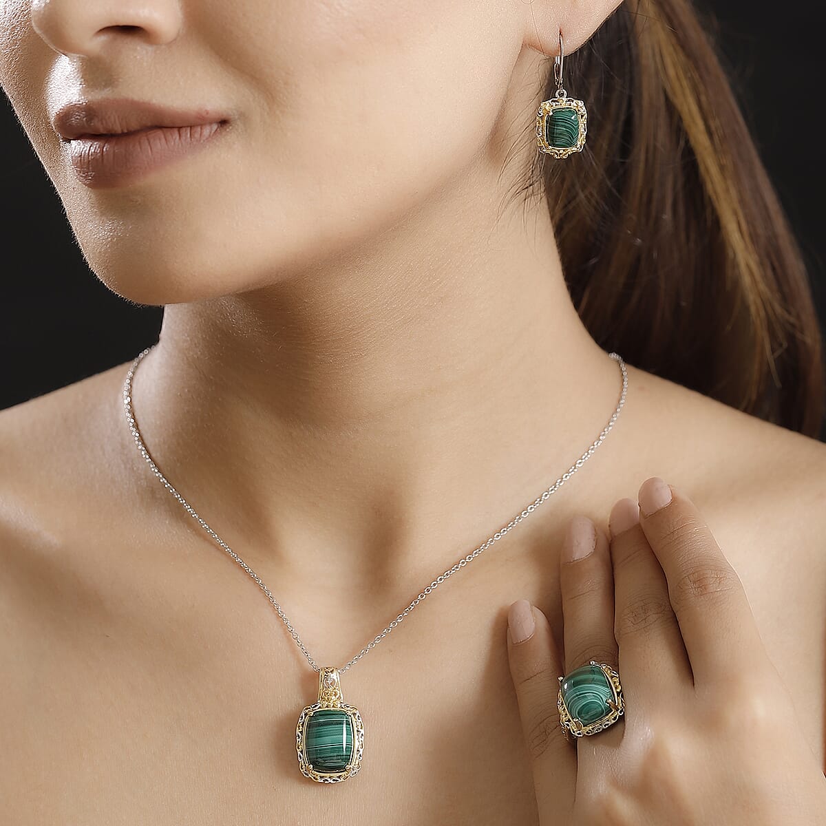 Karis African Malachite 34.45 ctw Earrings, Ring (Size 8.0) and Pendant in 18K YG Plated and Platinum Bond with Stainless Steel Necklace 20 Inches image number 3