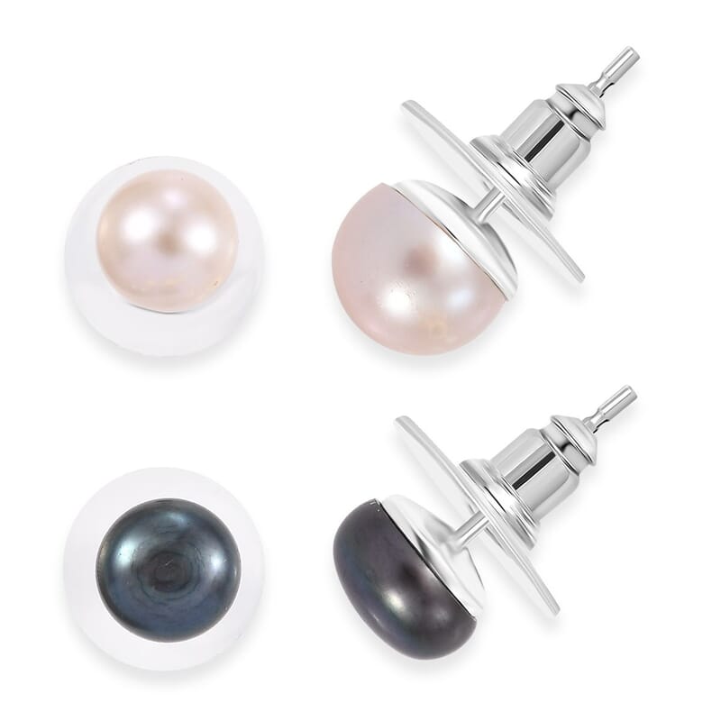 Set of 2 Peacock and Pink Freshwater Pearl Stud Earrings in Sterling Silver