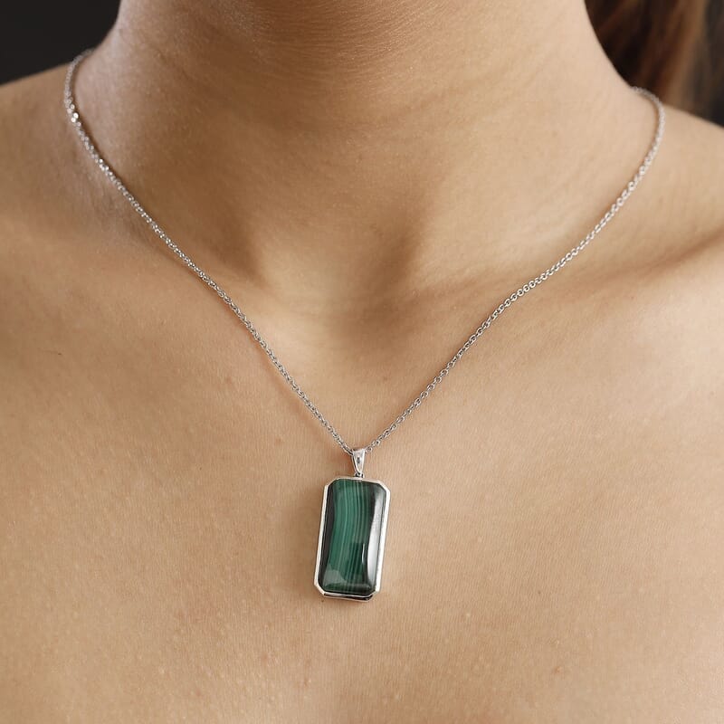 African Malachite 26.85 ctw Solitaire Pendant in Platinum Over Sterling Silver with Stainless Steel Necklace 20 Inches