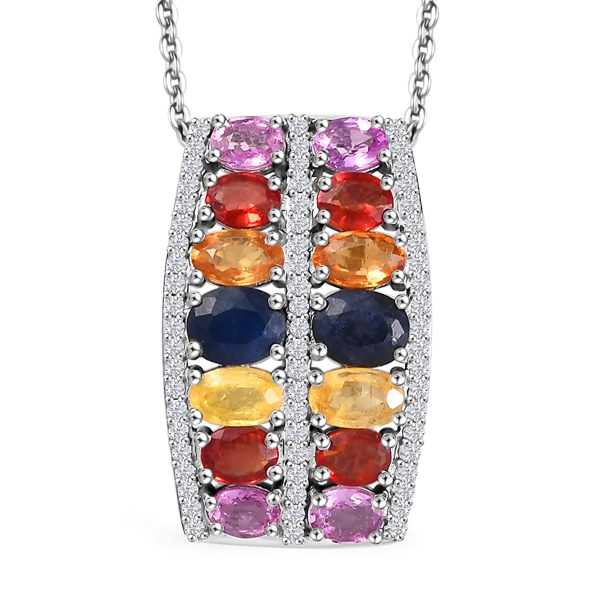 Multi Sapphire and White Zircon 4.35 ctw Pendant Necklace in Rhodium Over Sterling Silver 20 Inches image number 0