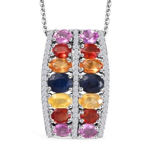 Multi Sapphire and White Zircon 4.35 ctw Pendant Necklace in Rhodium Over Sterling Silver 20 Inches