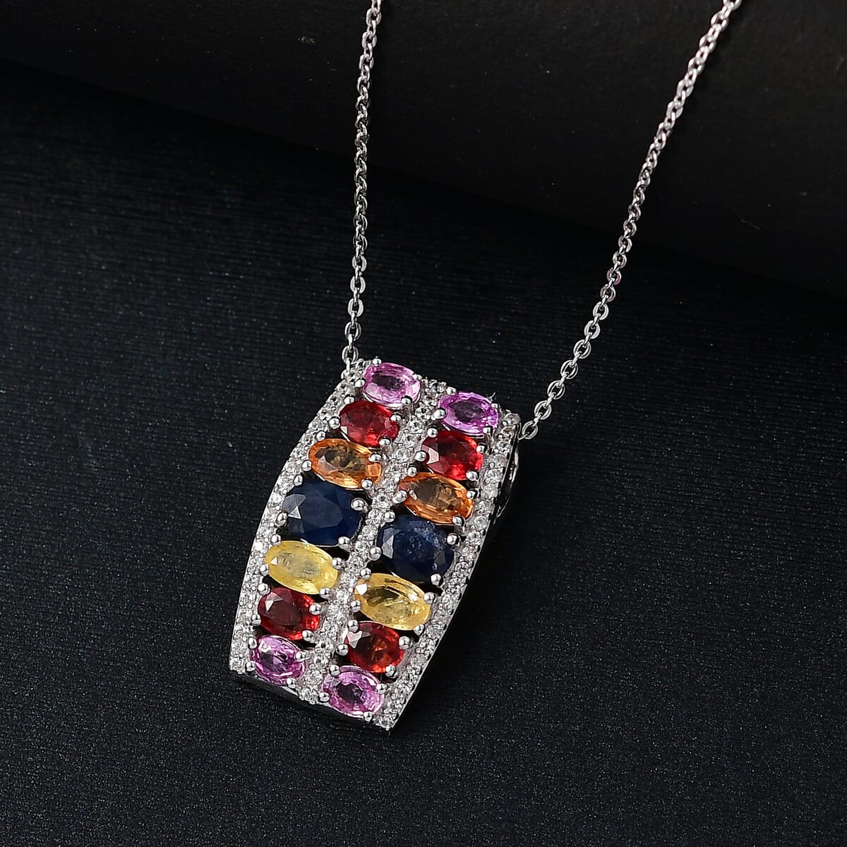 Multi Sapphire and White Zircon 4.35 ctw Pendant Necklace in Rhodium Over Sterling Silver 20 Inches image number 1