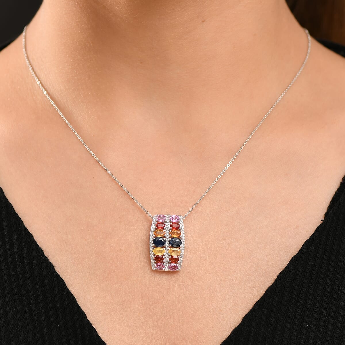 Multi Sapphire and White Zircon 4.35 ctw Pendant Necklace in Rhodium Over Sterling Silver 20 Inches image number 2