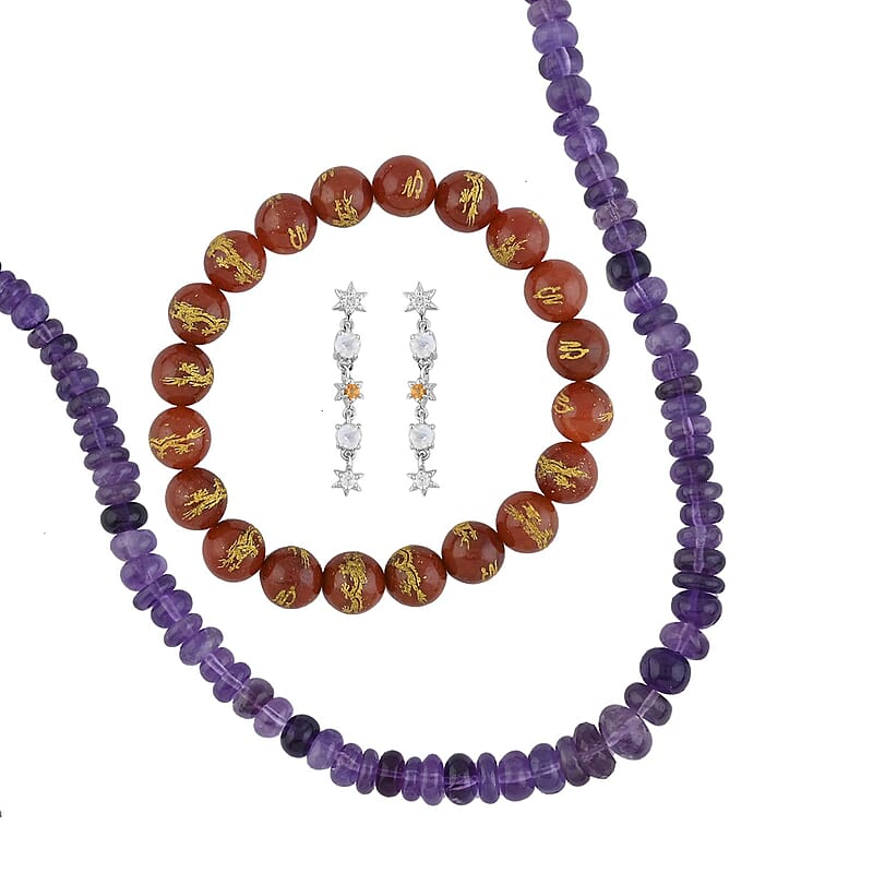 3pcs Set - Multi Gemstone 348.35 ctw Beaded 2pc Necklace (20 Inches) and Celestial Earrings in Rhodium Over Sterling Silver and Stainless Steel