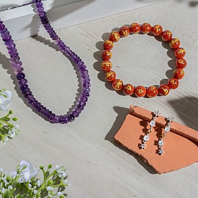 3pcs Set - Multi Gemstone 348.35 ctw Beaded 2pc Necklace (20 Inches) and Celestial Earrings in Rhodium Over Sterling Silver and Stainless Steel