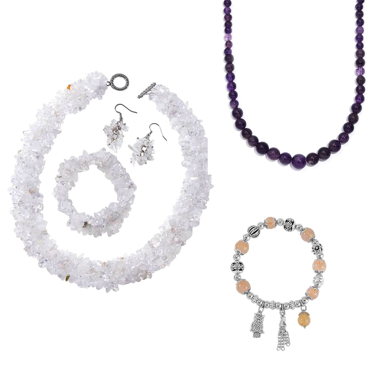 5pcs Set - Multi Gemstone 385.00 ctw 3pcs Necklace (18, 20In), Stretch Bracelet and Earrings in Stainless Steel and Sterling Silver image number 0