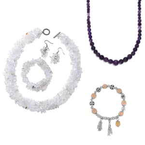 5pcs Set - Multi Gemstone 385.00 ctw 3pcs Necklace (18, 20In), Stretch Bracelet and Earrings in Stainless Steel and Sterling Silver