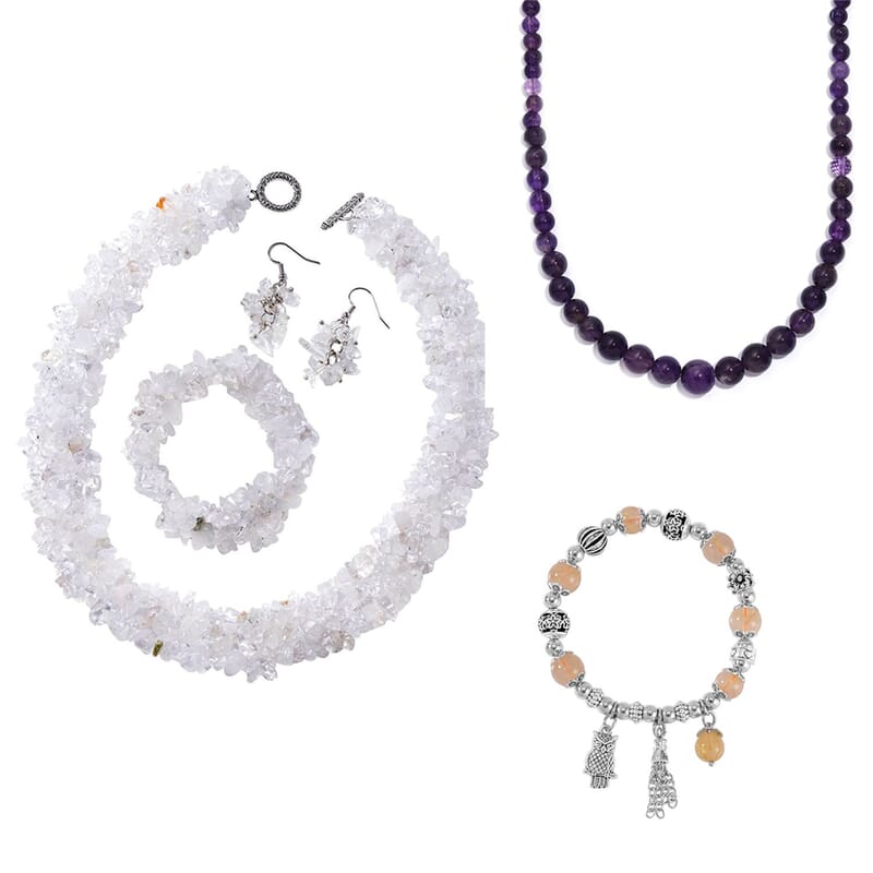 5pcs Set - Multi Gemstone 385.00 ctw 3pcs Necklace (18, 20In), Stretch Bracelet and Earrings in Stainless Steel and Sterling Silver