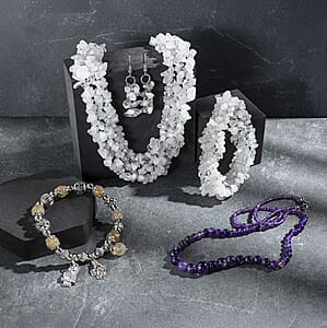 5pcs Set - Multi Gemstone 385.00 ctw 3pcs Necklace (18, 20In), Stretch Bracelet and Earrings in Stainless Steel and Sterling Silver