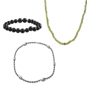 3pcs Set - Multi Gemstone 492.00 ctw Beaded 2pc Necklace (20, 22In) and Stretch Bracelet in Silvertone and Rhodium Over Sterling Silver