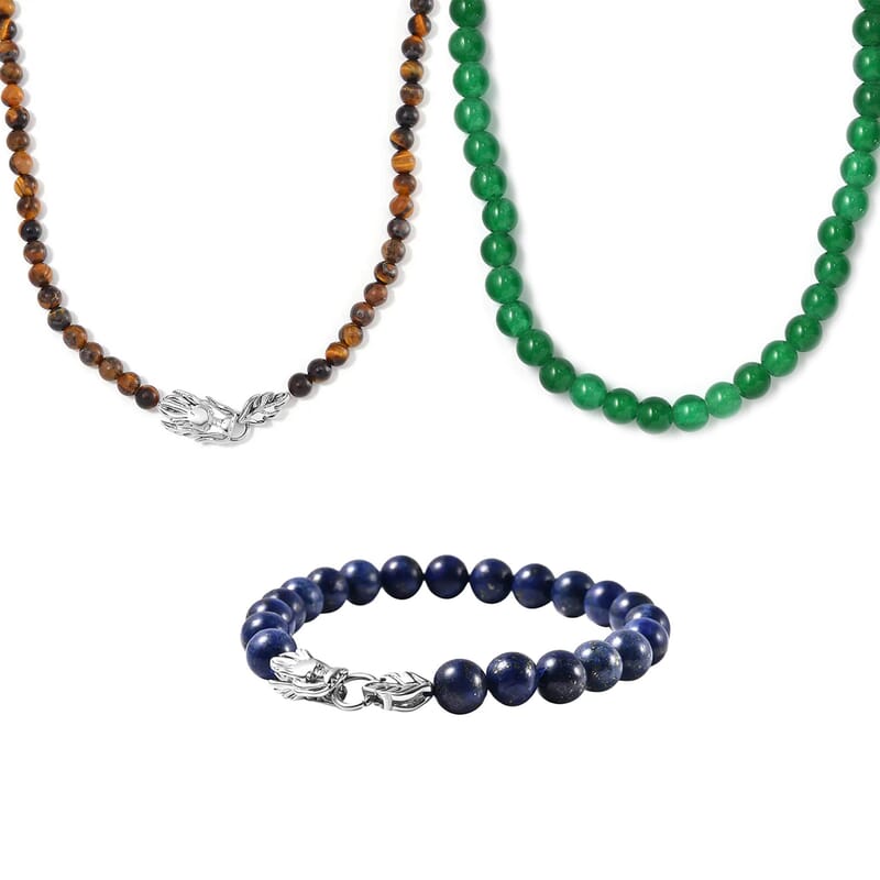 3pcs Set - Multi Gemstone 469.85 ctw Beaded 2pc Necklace (20 Inches) and Bracelet (7.50In) in Platinum Bond and Stainless Steel