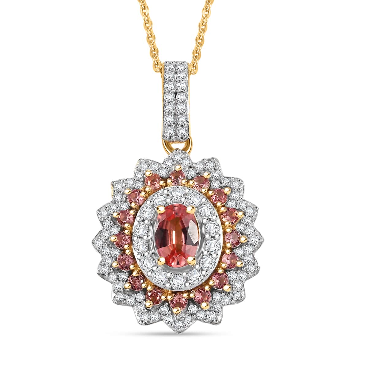 AAA Padparadscha Sapphire (BT) and Moissanite 1.85 ctw Radiant Bloom Pendant Necklace in 18K Vermeil Yellow Gold Over Sterling Silver 20 Inches image number 0