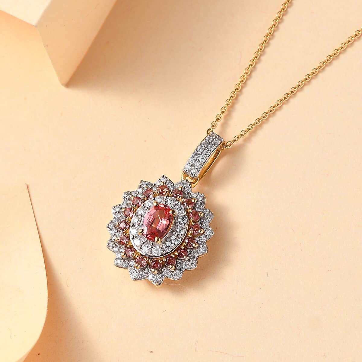 AAA Padparadscha Sapphire (BT) and Moissanite 1.85 ctw Radiant Bloom Pendant Necklace in 18K Vermeil Yellow Gold Over Sterling Silver 20 Inches image number 1