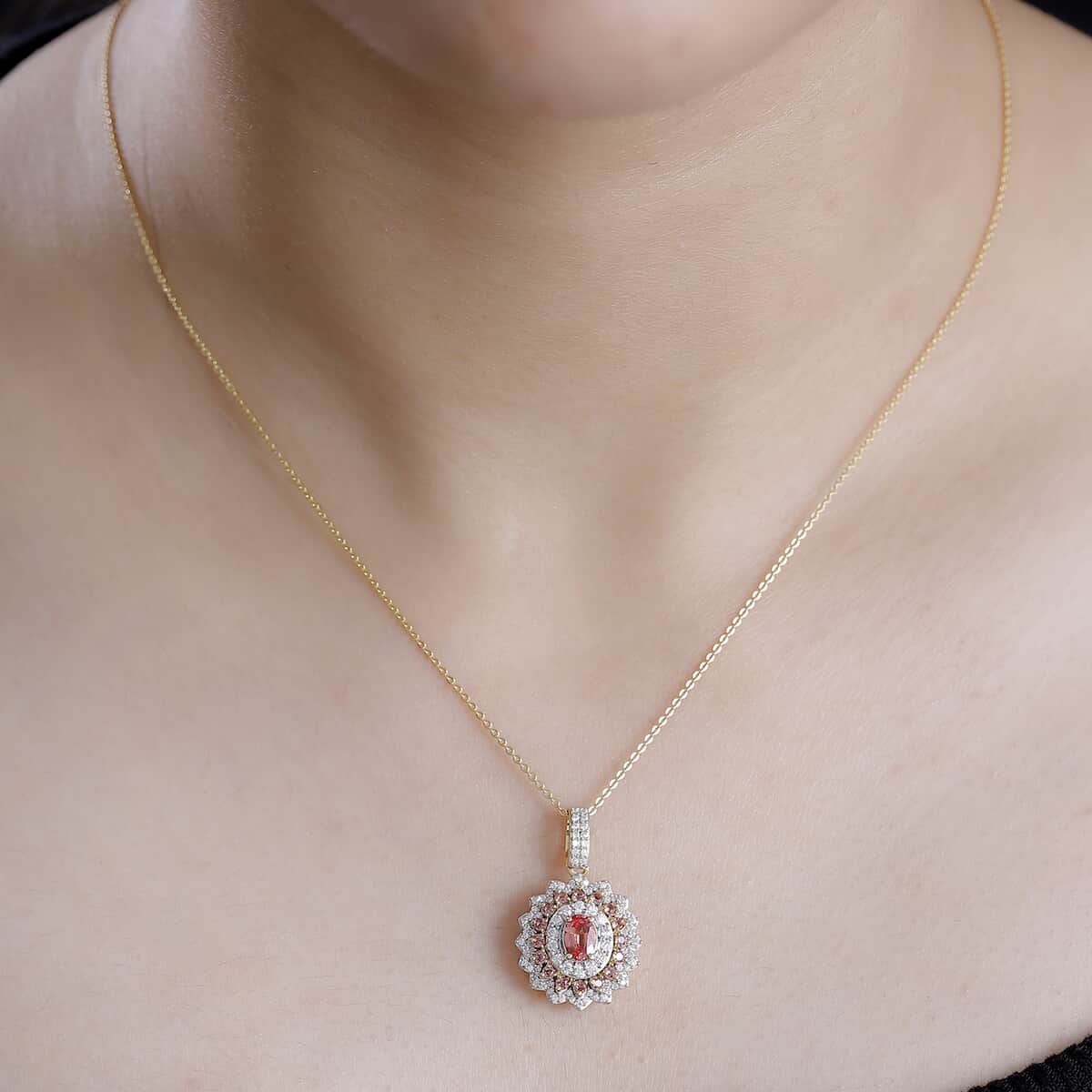 AAA Padparadscha Sapphire (BT) and Moissanite 1.85 ctw Radiant Bloom Pendant Necklace in 18K Vermeil Yellow Gold Over Sterling Silver 20 Inches image number 2