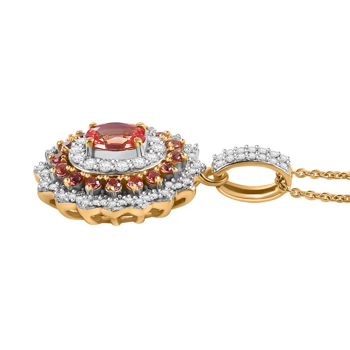 AAA Padparadscha Sapphire (BT) and Moissanite 1.85 ctw Radiant Bloom Pendant Necklace in 18K Vermeil Yellow Gold Over Sterling Silver 20 Inches image number 3