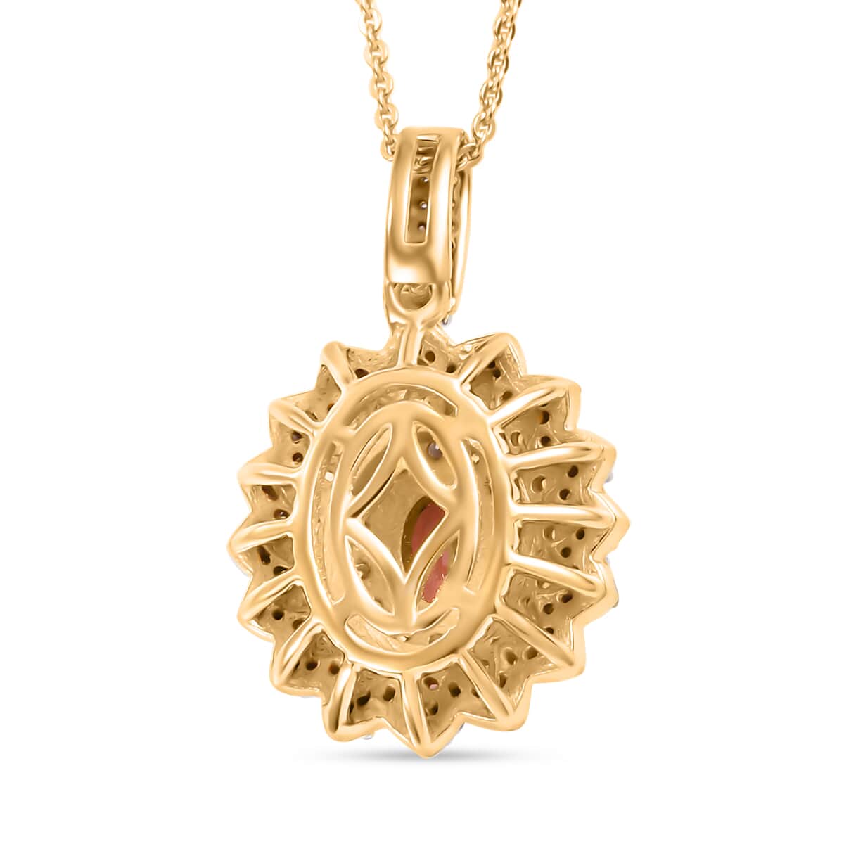 AAA Padparadscha Sapphire (BT) and Moissanite 1.85 ctw Radiant Bloom Pendant Necklace in 18K Vermeil Yellow Gold Over Sterling Silver 20 Inches image number 4